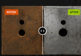 Illustrative before and after example of laser paint removal from a steel plate