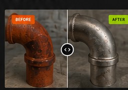 Illustrative before and after example of laser rust removal from industrial pipe